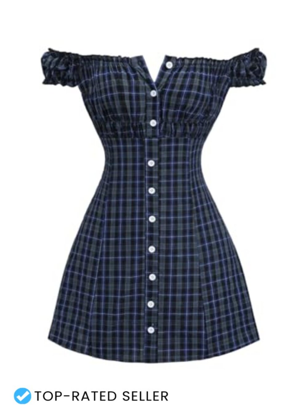 Plaid Mini Dress Off Shoulder Puff Sleeve Button Down Bodycon